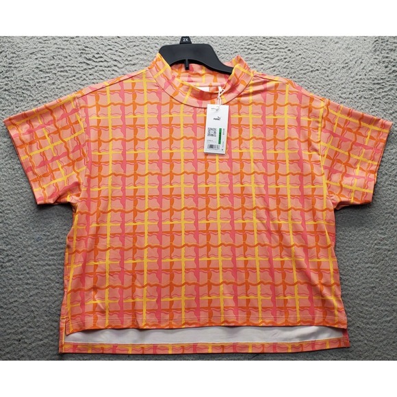 PUMA Dani Dazey Cloudspun Golf Shirt Womens L Multi Plaid Mock Neck Slit UPF 40 - Picture 1 of 9